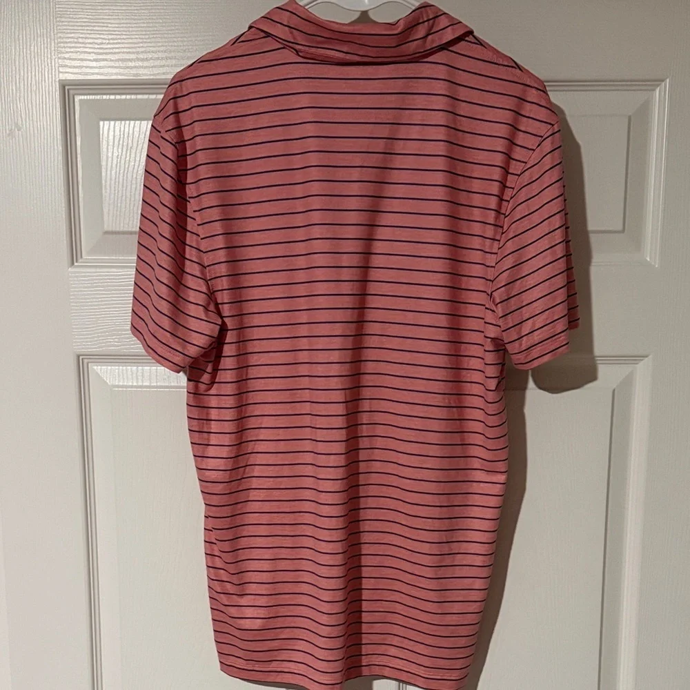 J. Crew Performance Coral and Navy Striped Polo Shirt
